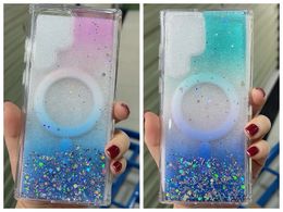 Magnetic Wireless Charging Cases For Samsung S23 Ultra S22 Plus Hard PC Acrylic TPU Dropping Glue Bling Confetti Sequins Gradient Shockproof Magnet Phone Cover
