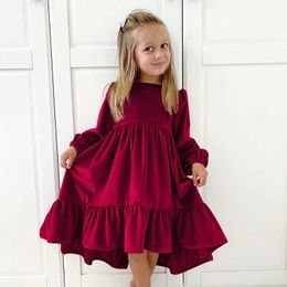 Girl's Dresses New 712 years Girls Spring Autumn Winter Velvet Long Sleeve Ruffle Hem Dress Princess Kids Party Dressess Children Clothing Z0223