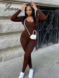 Women's Jumpsuits Rompers Joskaa Solid Low Collar Long Sleeve Bodycon Jumpsuit Fashion Overalls for Women Clothes Winter Casual Fitness Sport Rompers 230223