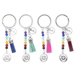 Keychains Lanyards Colorf Chakra Stone Tassel Keychain Pendant Lotus Reiki Healing Yoga Natural Gemstone Beaded Creative Keyring G Dh8Ju