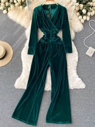 Women's Jumpsuits Rompers Autumn Winter Elegant Casual Solid Velvet Women Jumpsuit Long Sleeve V Neck Vintage Loose Rompers Femme Fashion Korean Outfits 230223