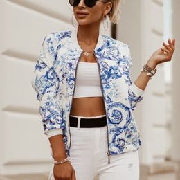 Womens Jackets Flower Print Long Sleeve Bomber Jacket Fashion Zipper Up Vintage Coat Tops Elegant Slim Basic Ladies Outwear 230223