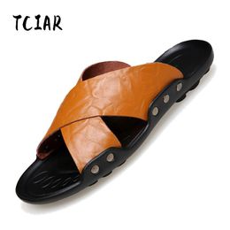 Slippers Mens Fashion Summer Casual Beach Shoes Split Leather Non-Slip Flip Flops Flat Male Big Size 38-48 DR004