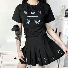 Women's T Shirts Women Side Drawstring Crop Top Sexy Butterfly Pattern Casual Slim Streetwear Short Sleeve Ruched T-shirt Skinny Clubwear