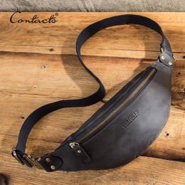 Waist Bags CONTACT'S 100% Crazy Horse Leather Waist Packs Travel Fanny Pack For Men Leather Waist Bag Male Belt Bag Multifunction Chest Bag 230223