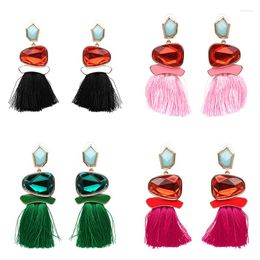 Dangle Earrings Women Bohemian Crystal Long Tassel Red White Fuchsia Silk Fabric Drop Earring