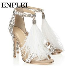 Sandals XPAY Sexy Women Pumps Summer Zipper Feather High Heel Apricot Wedding Shoes size 34-43 230223