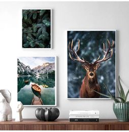 Landscape Paintings Nature Decorative Picture Home Nordic Fog Forest Deer Animal Canvas Wall Art Print Painting Mountain Lake Woo