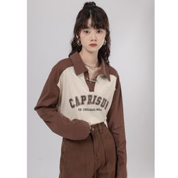 Women's Blouses Shirt Clothing Brown Sweatshirt Color Contrast POLO Collar American Vintage High Street Winter Female Long Sleeve Short Pullover 230223