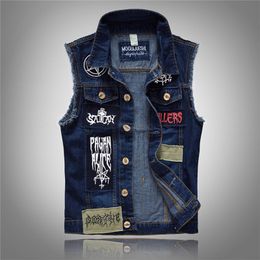 Men's Vests Patches Design Jeans Ripped Denim Waistcoat Men Man Sleeveless Frayed size 6XL 230223