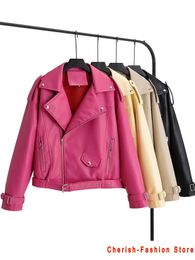 Womens Jackets Autumn Women Faux Leather Jacket Pu Motorcycle Biker Pink Coat Turndown Collar Loose Streetwear Black Punk Outerwear 230222