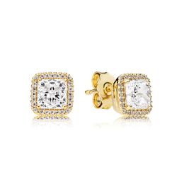Gold plated Square Sparkle Halo Stud Earrings for Pandora Real Sterling Silver Wedding Jewelry For Women Girlfriend Gift CZ Diamond HIP HOP Earring with Original Box