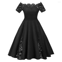 Casual Dresses Plus Size Vintage Lace Panel Off The Shoulder Short Sleeves A-Line Dress For Women Solid Colour Office Elegant Party 5XL