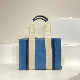 Designer Woody Embroidery Linen Sash Ribbon Tote Bags Linen Stitched Smooth Calf Leather Pitote Bag Two-tone Vertical Leather Trim Woven Handbags Large Shopping Bag