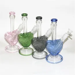 Glass Bong Dab Rig Hookahs Recycler Rigs Tube Water Pipe 14mm Joint Bongs with pink heart shape glass Bowl glass ash catcher