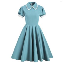 Casual Dresses Solid Blue Vintage Party Swing Dress With Pocket Women Summer Rockabilly 50s 60s Pin Up A-Line Office Robe Vestidos