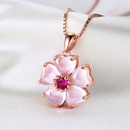 Girl Pendant Necklaces students sweet pink zircon crystal flower pendant rose gold plated sweet necklace women wedding birthday party jewelry gift fashion Jewelry