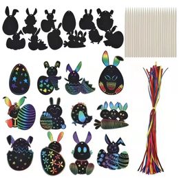 2023 Easter Game Pendant Children's Bookmarks DIY Scratch Colorful Paper Rabbit Radish Eggs A set of 12 and 4 Wooden Pens Imagination