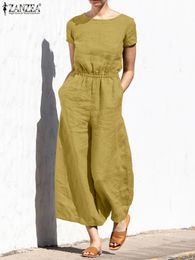 Women's Jumpsuits Rompers Women Short Sleeve Solid Loose Wide Leg Jumpsuits ZANZEA Fashion Summer Rompers Elastic Waist Long Playsuits Casual Overalls 230223