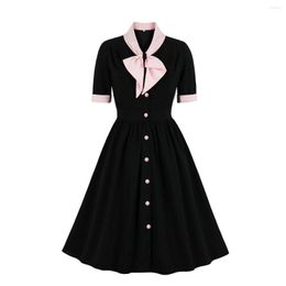 Casual Dresses Vintage Women Party Dress Bow Neck Button Front Shirt Black Sundress Short Sleeve A-Line Big Swing Summer Jurken Femme