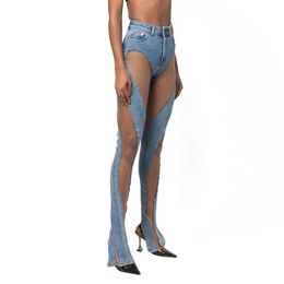 Jeans femininos outono streetwear sexy espiral oco malha design splice split denim calças 230223 marca por atacado