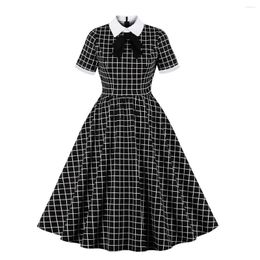 Casual Dresses Retro Plaid Vintage Tunic Dress 50s 60s Rockabilly Black Gingham Office Bow Neck Party Jurken A Line Swing Midi