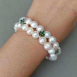 Strand 8" Natural Cultured White Rice Freshwater Pearl Green Cz Flower Spacer Stretch Bracelet Handmade Jewellery For Women