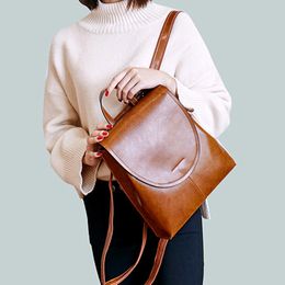 Waist Bags Genuine Leather Women Rucksack Knapsack Shoulder Cross Body Female Fashion Lady Oil Wax Cowhide Daypack Backpack 230223