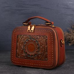 Evening Bags Retro Leather Shoulder Bag Vintage Cowhide Women Handmade Totem Embossed Solid Ladies Luxury Crossbody Handbag Tote Purse