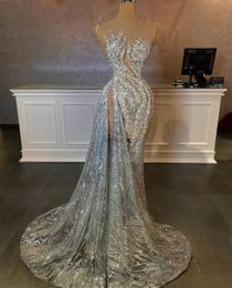 Luxury Evening Dresses Sleeveless V Neck Lace Beaded Appliques Sequins Diamonds Floor Length Side Slit Celebrity Formal Prom Dresses Plus Size Gowns Party Dress