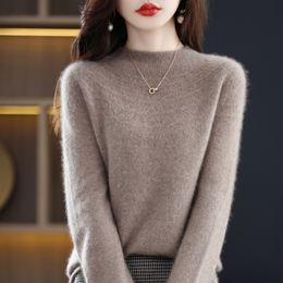 Women's Sweaters 100% Cashmere Sweater Women's Half-Turtleneck Slim Seamless Wool Knitted Bottoming Shirt Hollow Loose In Autumn And Winter 230223