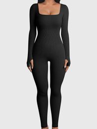 Kvinnors jumpsuits Rompers Autumn Jumpsuits Women Solid Color Ribbed Long Sleeve U Neck Bodycon Romper Jumpsuits Vintage Sexy Fitness Club Wear 230223