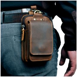 Waist Bags Real Leather men Casual Design Small Waist Bag Cowhide Fashion Hook Bum Bag Waist Belt Pack Cigarette Case 5.5" Phone Pouch 1609 230223