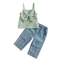 Clothing Sets 1-6Y Summer Cute Kids Girls Clothes Solid Sleeveless Big Bow Vest Tops Pearl Denim Pants 2pcs