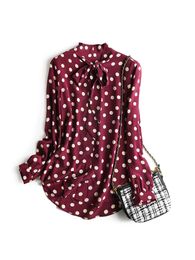 Women's Blouses Shirts Silk Ribbon Design Light Mature Wave Dot Printed Mulberry Simple Top Long Sleeve 230223