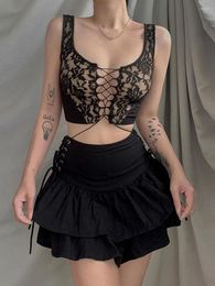 Women's Tanks European And American Vintage Women's 2023 Summer Black Sexy Slim Gothic O-neck Lace Patchwork Hollow Out Female Vest