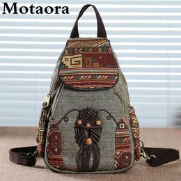 Waist Bags Motaora Handmade Backpack Women's Vintage Canvas s National Style Geometrical Printed Bag Female Simple Travel 230223
