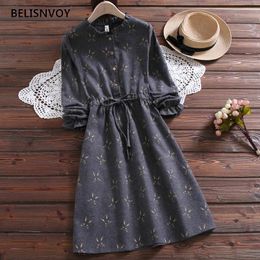 Casual Dresses Japanese Preppy Style Autumn Winter Women Cute Floral Embroidery Femme Robe Retro Corduroy Sweet 230223