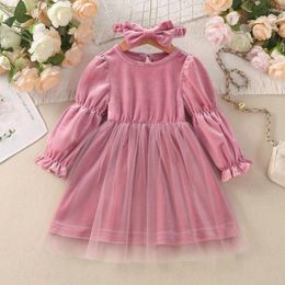 Girl Dresses Pink Velvet Long Sleeve Dress For Girls Baby Fall Winter Clothes 2023 Solid Colour Tulle Patchwork Princess Christmas