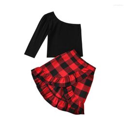 Clothing Sets 1-5years Girls Outfits Fashion One-Shoulder Long Sleeve Tops And Plaid Ruffle Short Skirt Infant Summer Set
