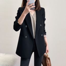 Women's Suits Blazers PEONFLY Fashion Women Black Blazer Long Sleeve Pocket Double Breasted Office Ladies Business Coat Female Retro Tops Autumn 230223