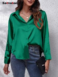 Women's Blouses Shirts Eotvotee Casual Satin Shirt for Women Long Sleeve Turn Down Collar Button Up Blouses All Season Fashion Silk Tops White Green 230223