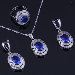 Necklace Earrings Set Trendy Oval Egg Blue Cubic Zirconia White CZ Silver Plated Pendant Chain Ring V0271