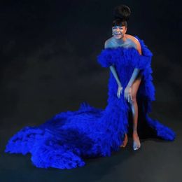 2023 Stunning Royal Blue Mermaid Prom Dresses Off Shoulder Ruffles High Side Split Plus Size Sleeveless Evening Gowns