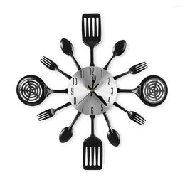 Wall Clocks 16 Inch Large Kitchen With Spoons And Forks 3D Tableware Clock Room Home Decoration(Black)