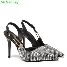 Dress Shoes Crystal Metal Buckle Pumps For Female Women Slingback Pointed Toe Thin High Heel Luxury Designer Fashion Sexy 230223