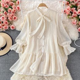 Casual Dresses Spring Summer Women'S Sweet Pearl Bead Gauze Lace Fairy Long Sleeve Princess Ruffle Perspective Fishtail Dress Z276