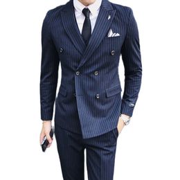 Men's Suits Blazers Jacket Vest Pants Boutique Stripe Formal Business Mens 3 Piece 2 set Groom's Wedding Dress Navy Blue Black Grey 230222