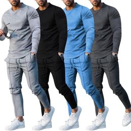 Mens Tracksuits Suit Solid Colour Twopiece Round Neck Cotton Long Sleeves Tshirt Trousers Men Autumn Casual Grey Black Apricot Wear 230223