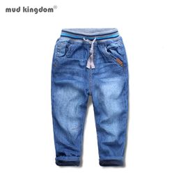 Jeans Mudkingdom Kids Jeans Drawstring Pants Autumn Winter Fleece Warm Denim Pants Casual Trousers for Boys Slim Fashion Clothing 230223